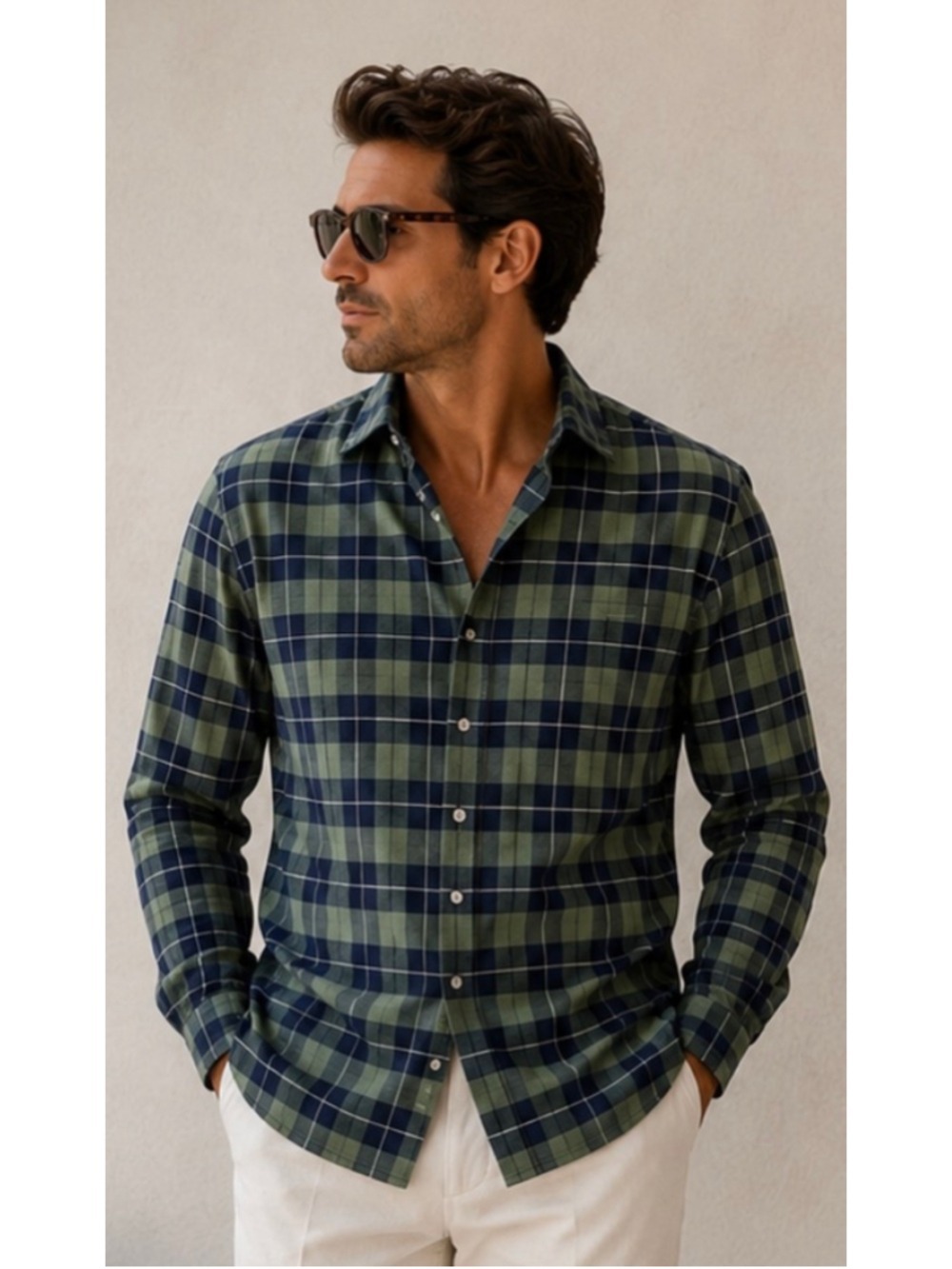 Men's Untuckit Casual Button Down Shirt Large Green Navy Plaid New